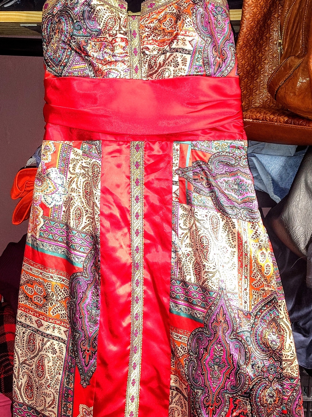 Joseph Ribkoff 19725 Strapless Satin Patchwork Cocktail Dress - EUC